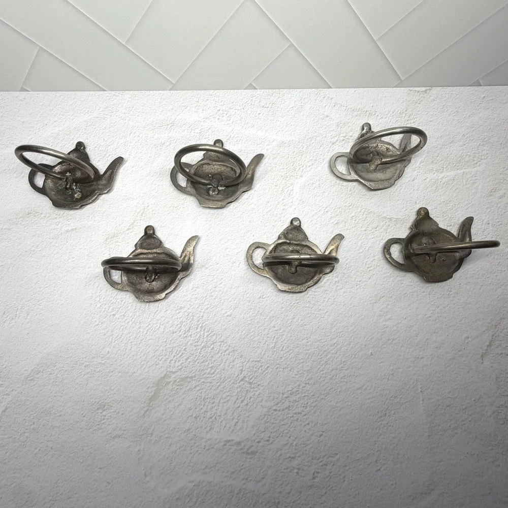 Set of 6 Teapot Napkin Rings Silver Tone Metal Celtic Knot Table Decor Vintage